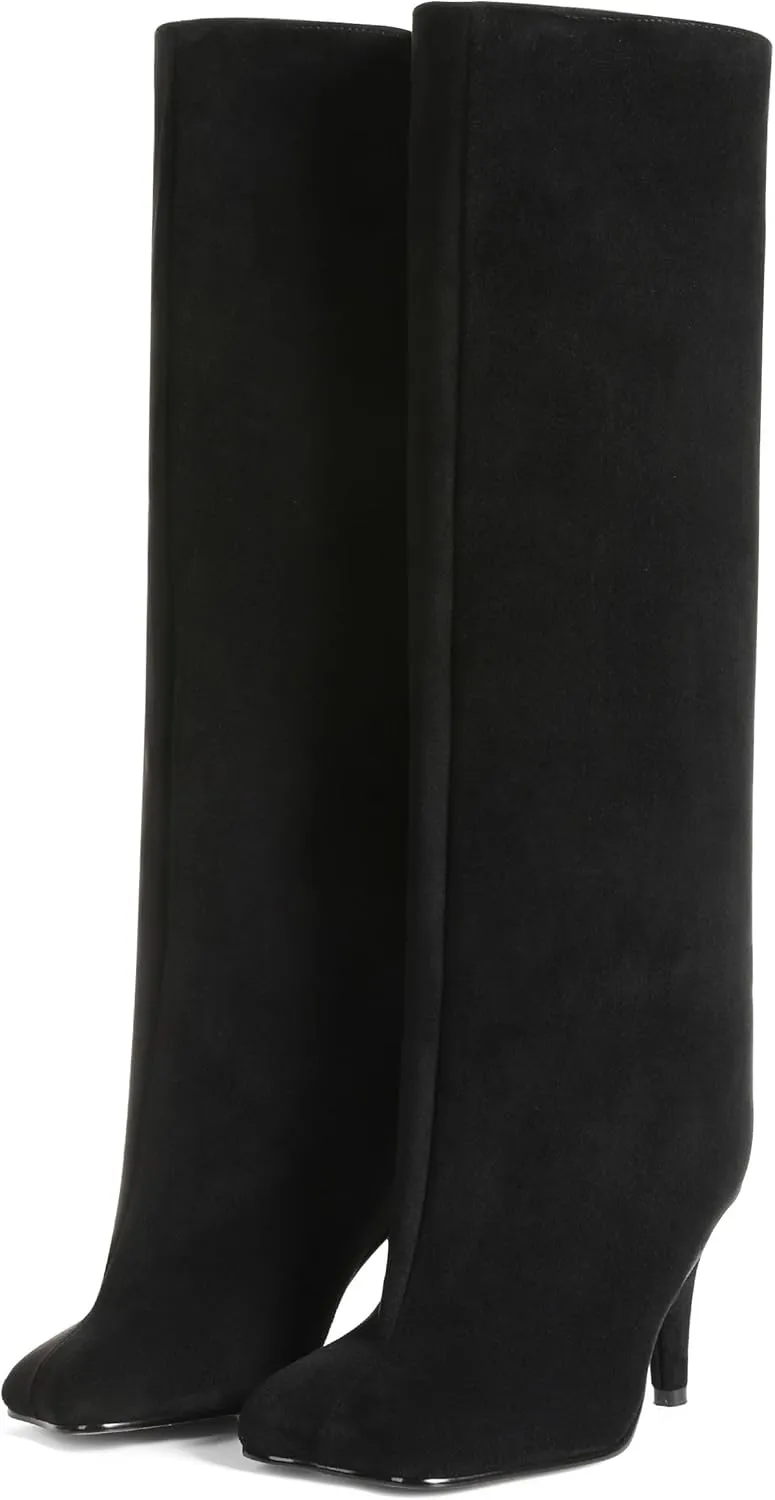 CYNLLIO Suede Boots Knee High Boots Women Square Toe Stiletto Heel Tall Boots Wide Calf Long Boots Heeled Slouchy Boots Winter Boots Warm Walking Office Shoes