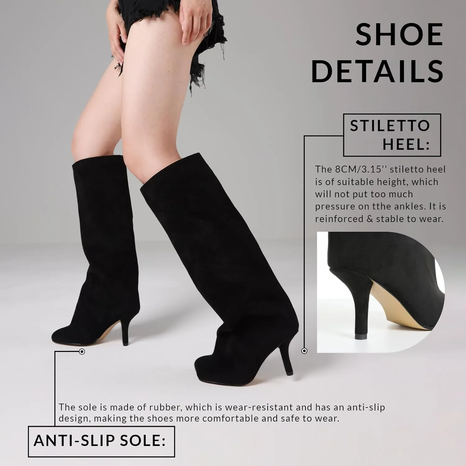 CYNLLIO Suede Boots Knee High Boots Women Square Toe Stiletto Heel Tall Boots Wide Calf Long Boots Heeled Slouchy Boots Winter Boots Warm Walking Office Shoes