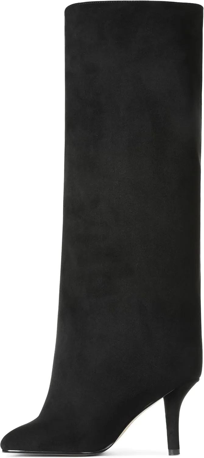 CYNLLIO Suede Boots Knee High Boots Women Square Toe Stiletto Heel Tall Boots Wide Calf Long Boots Heeled Slouchy Boots Winter Boots Warm Walking Office Shoes