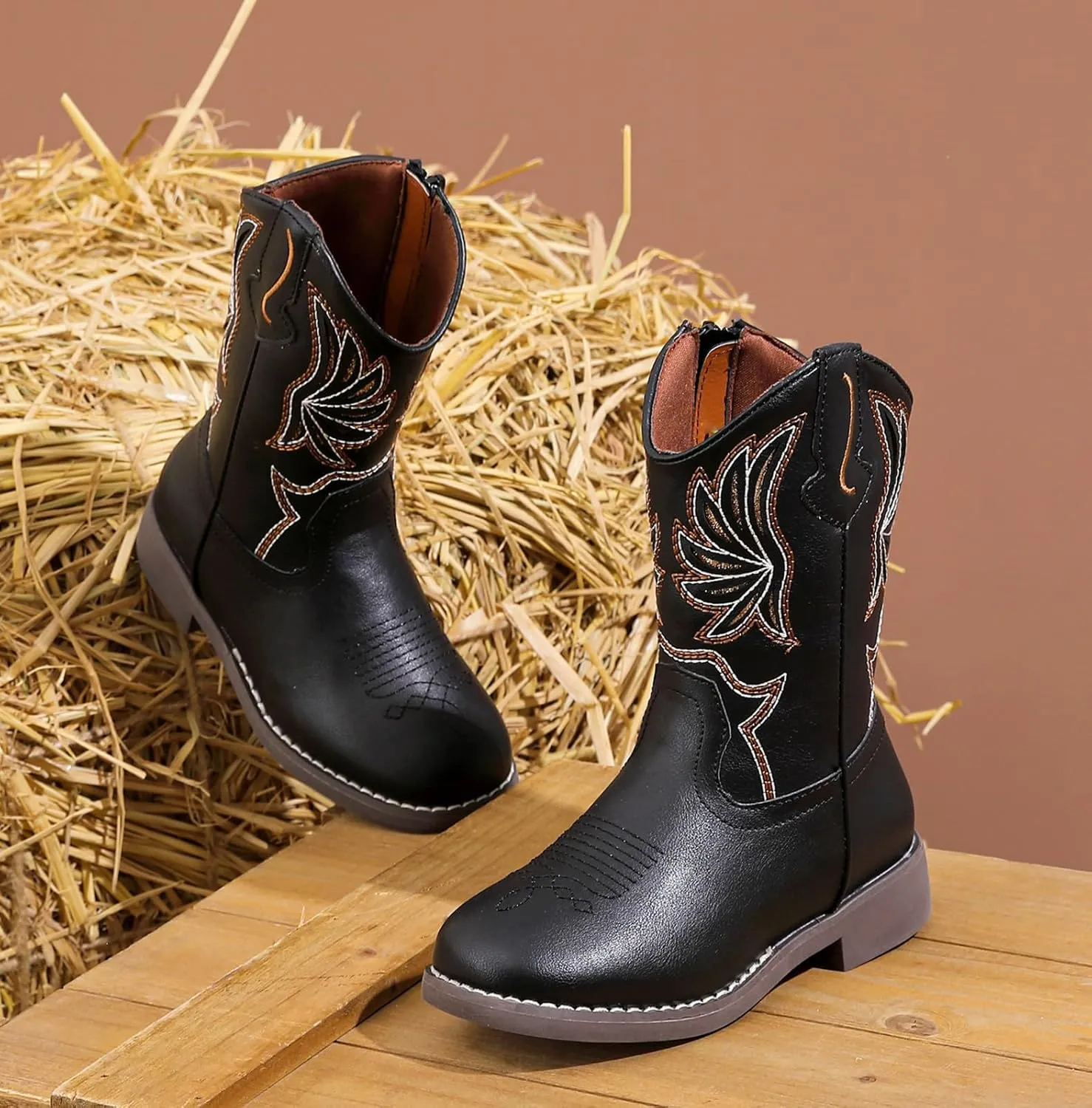 DADAWEN Kids Cowboy Boots for Boys Girls Glitter Embroidered Western Square Toe Cowgirl Boots Mid Calf Riding Shoes (Toddler/Little Kid/Big Kid)