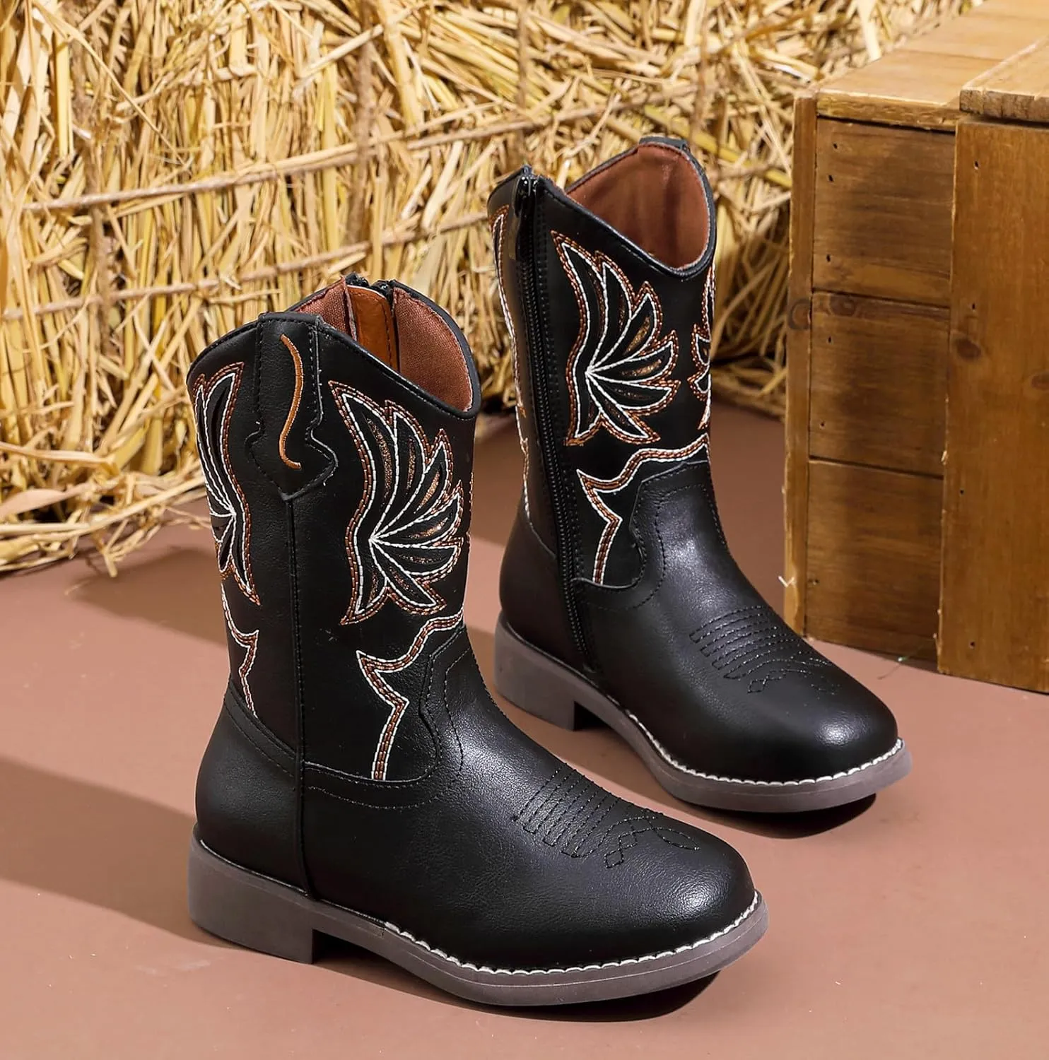 DADAWEN Kids Cowboy Boots for Boys Girls Glitter Embroidered Western Square Toe Cowgirl Boots Mid Calf Riding Shoes (Toddler/Little Kid/Big Kid)