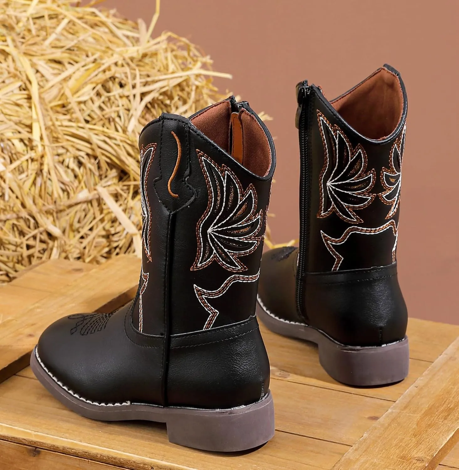 DADAWEN Kids Cowboy Boots for Boys Girls Glitter Embroidered Western Square Toe Cowgirl Boots Mid Calf Riding Shoes (Toddler/Little Kid/Big Kid)
