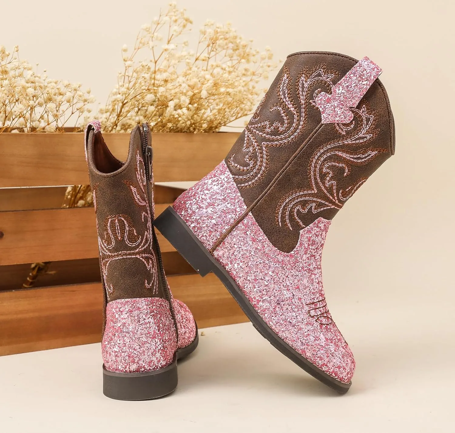 DADAWEN Kids Glitter Square Toe Cowgirl Boots Cowboy Western Boots Boys Girls Mid Calf Riding Shoes With Side Zipper