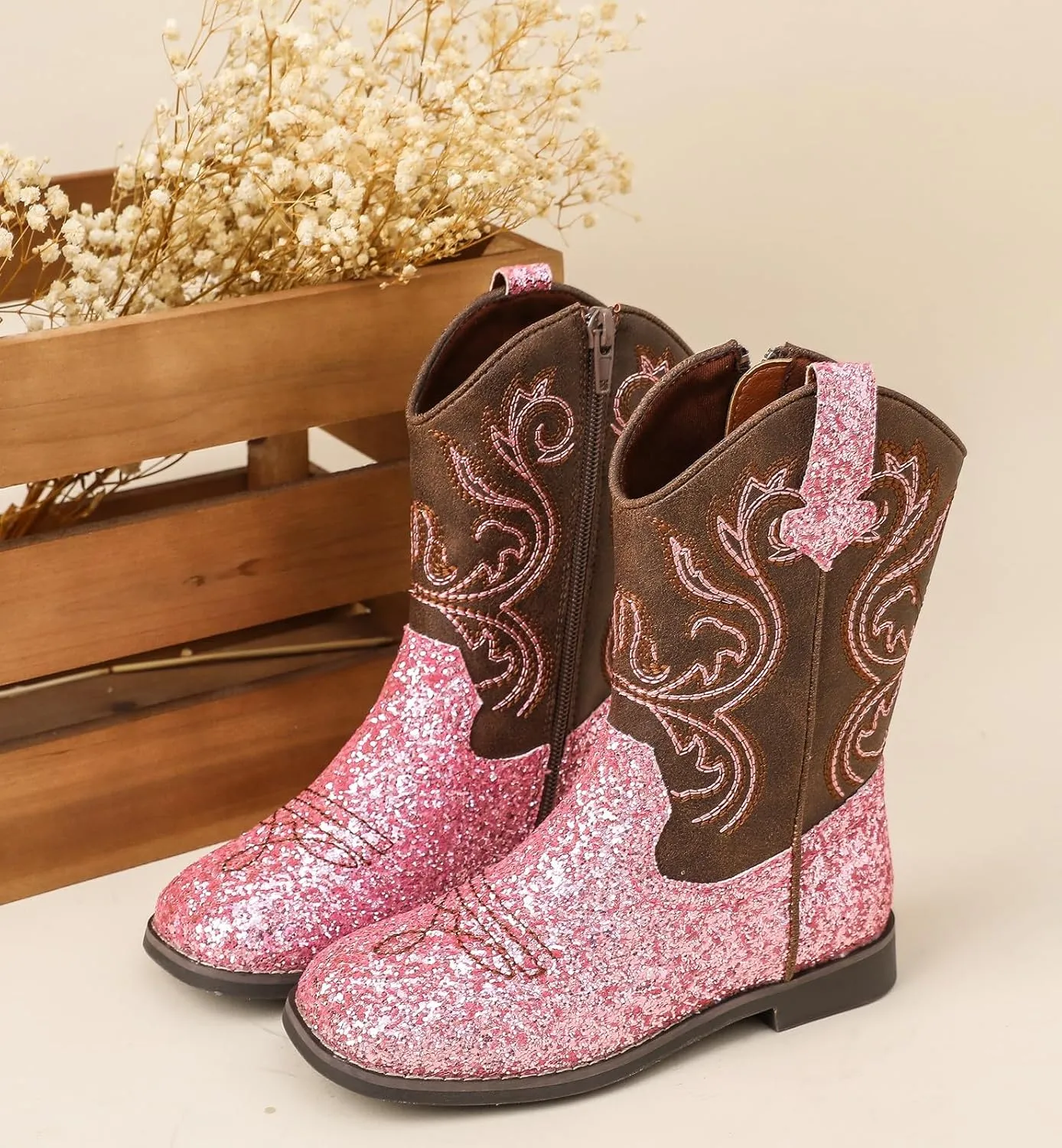 DADAWEN Kids Glitter Square Toe Cowgirl Boots Cowboy Western Boots Boys Girls Mid Calf Riding Shoes With Side Zipper