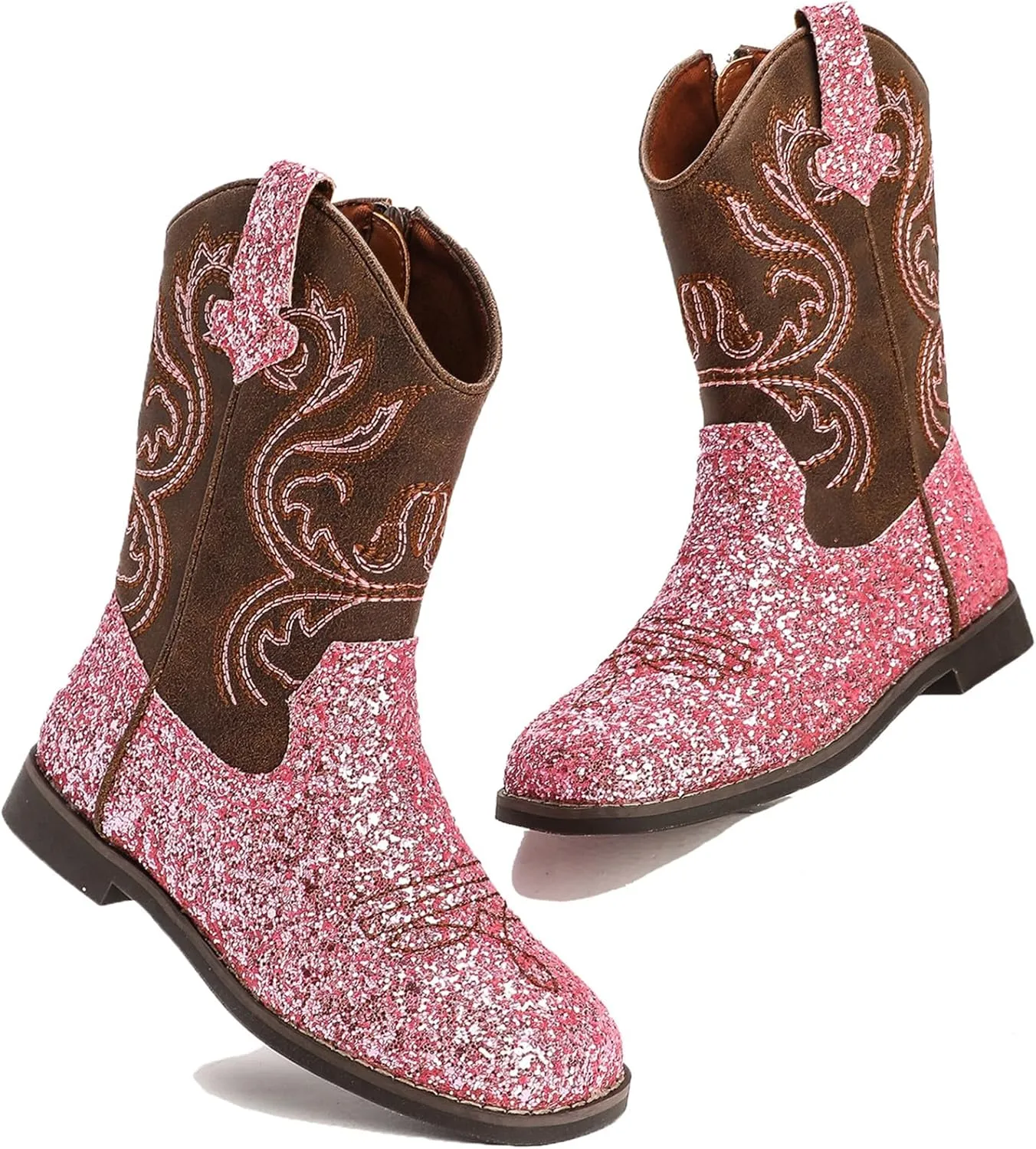 DADAWEN Kids Glitter Square Toe Cowgirl Boots Cowboy Western Boots Boys Girls Mid Calf Riding Shoes With Side Zipper