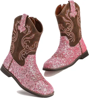 DADAWEN Kids Glitter Square Toe Cowgirl Boots Cowboy Western Boots Boys Girls Mid Calf Riding Shoes With Side Zipper