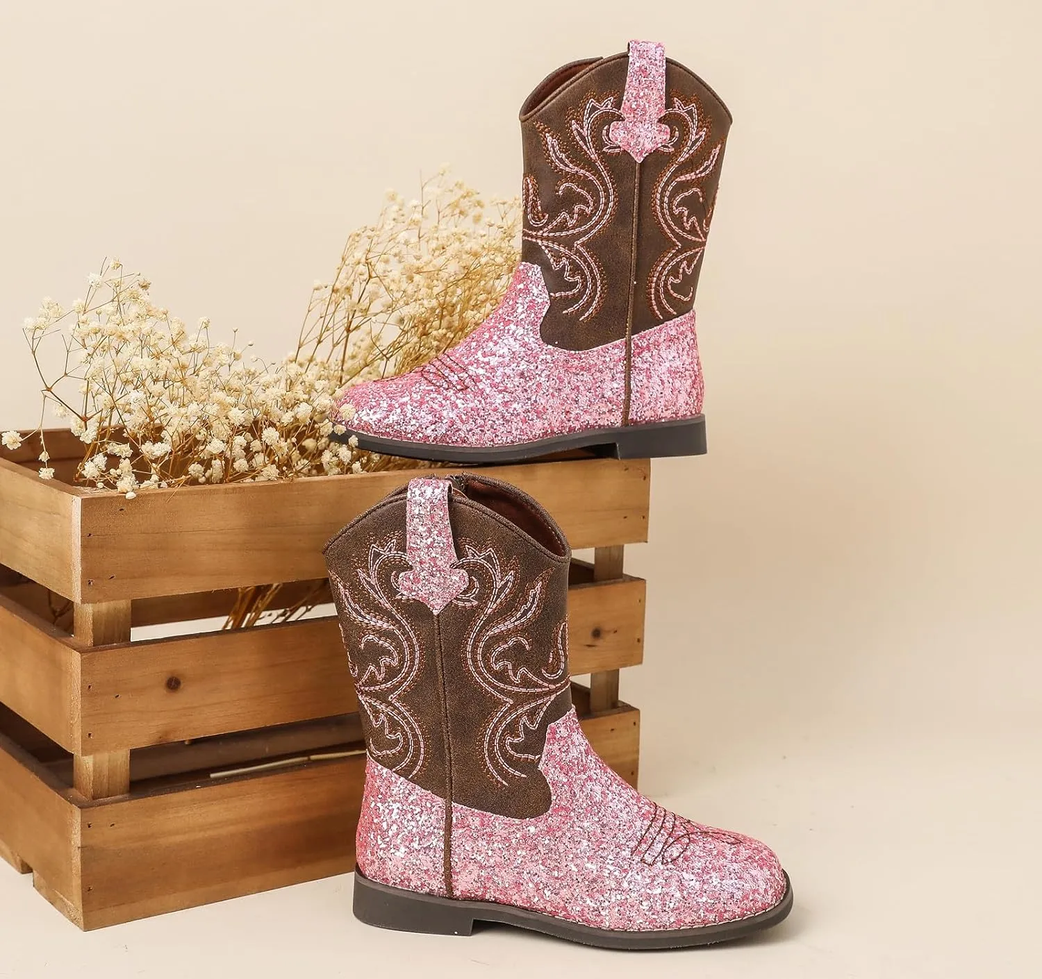 DADAWEN Kids Glitter Square Toe Cowgirl Boots Cowboy Western Boots Boys Girls Mid Calf Riding Shoes With Side Zipper