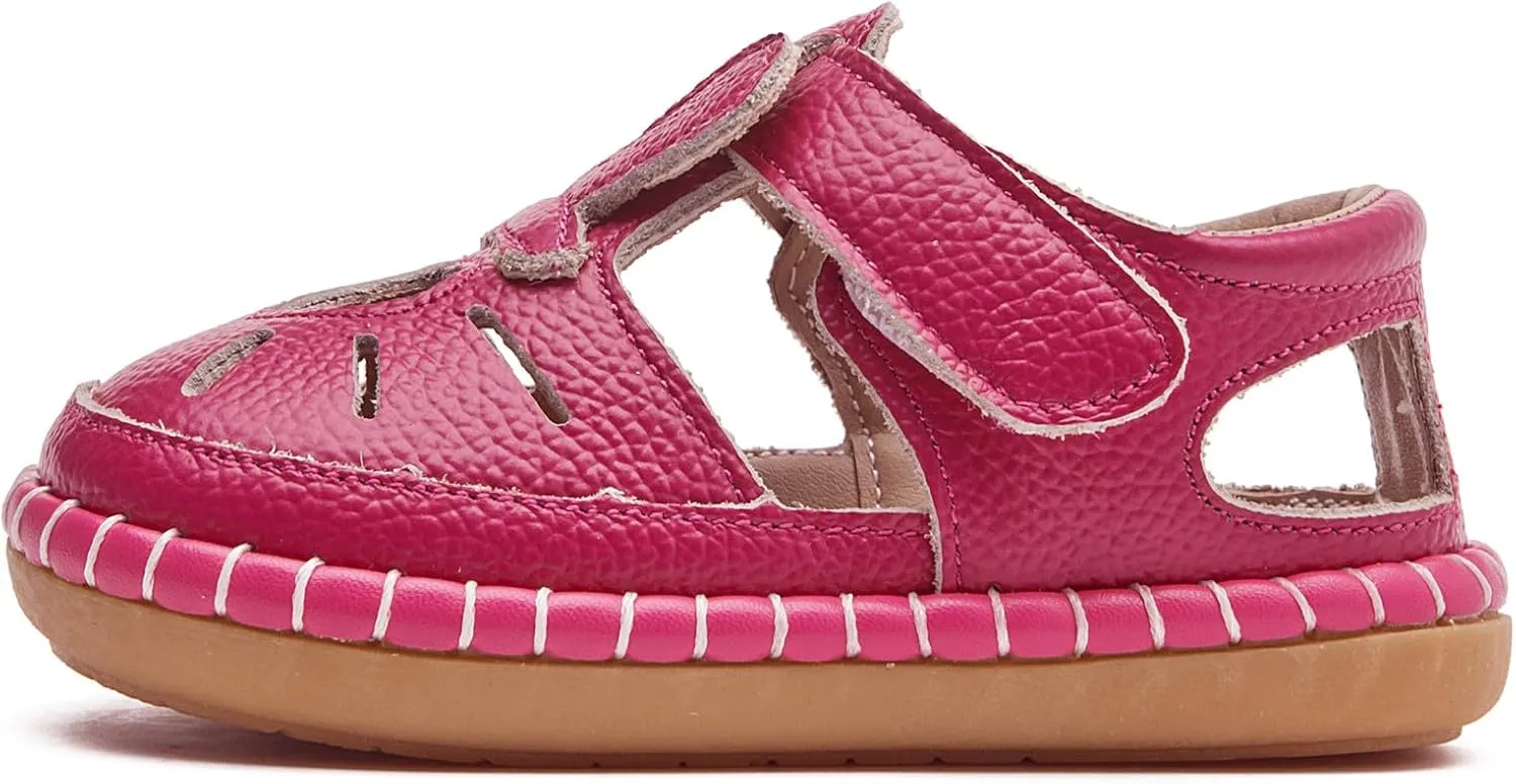DADAWEN Toddler Girls Leather Closed Toe Summer Sandals Lightweight Non-Slip Soft Sole Cute Flat Shoes Baby Flower Girl Shoes