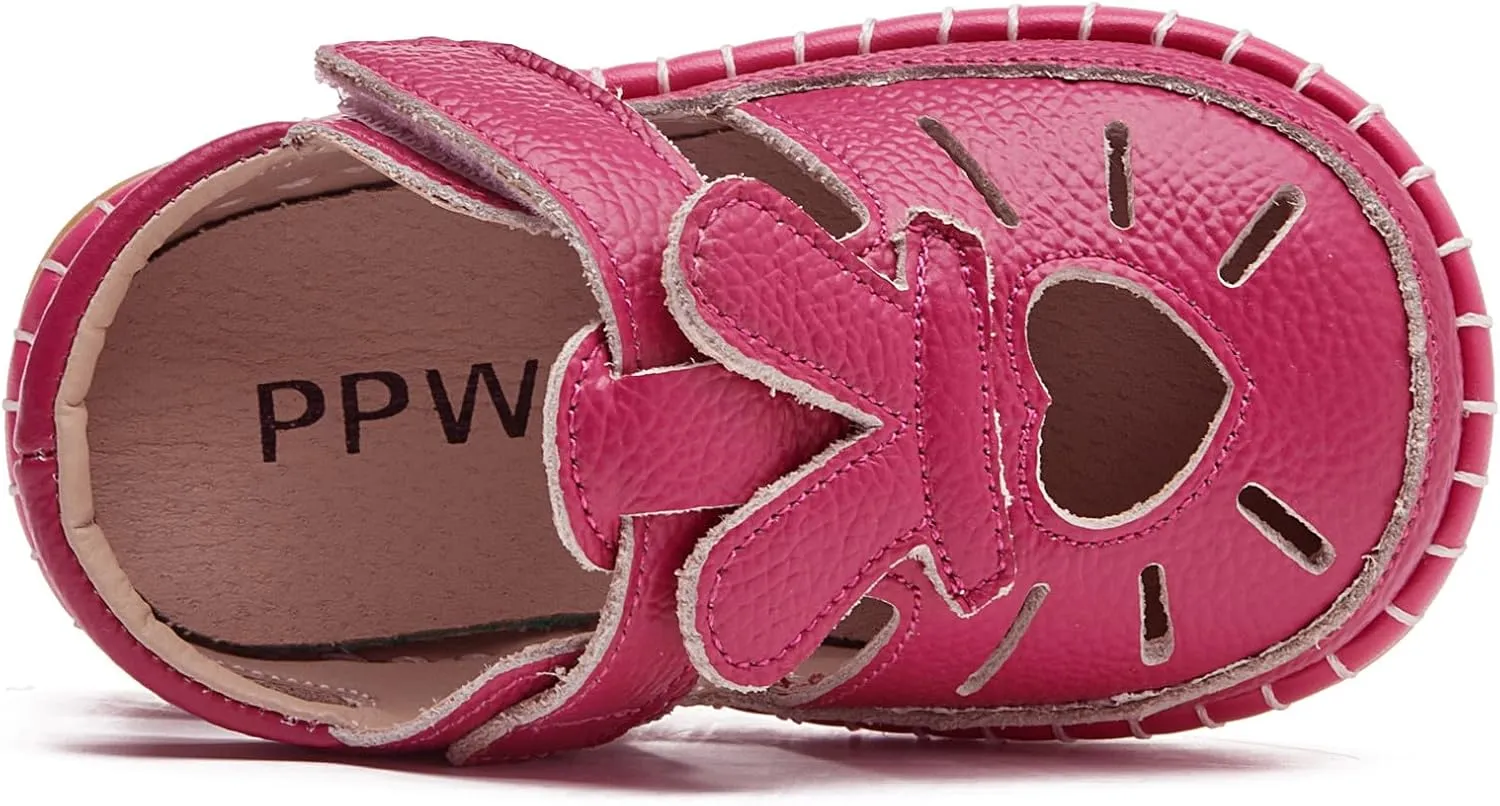DADAWEN Toddler Girls Leather Closed Toe Summer Sandals Lightweight Non-Slip Soft Sole Cute Flat Shoes Baby Flower Girl Shoes