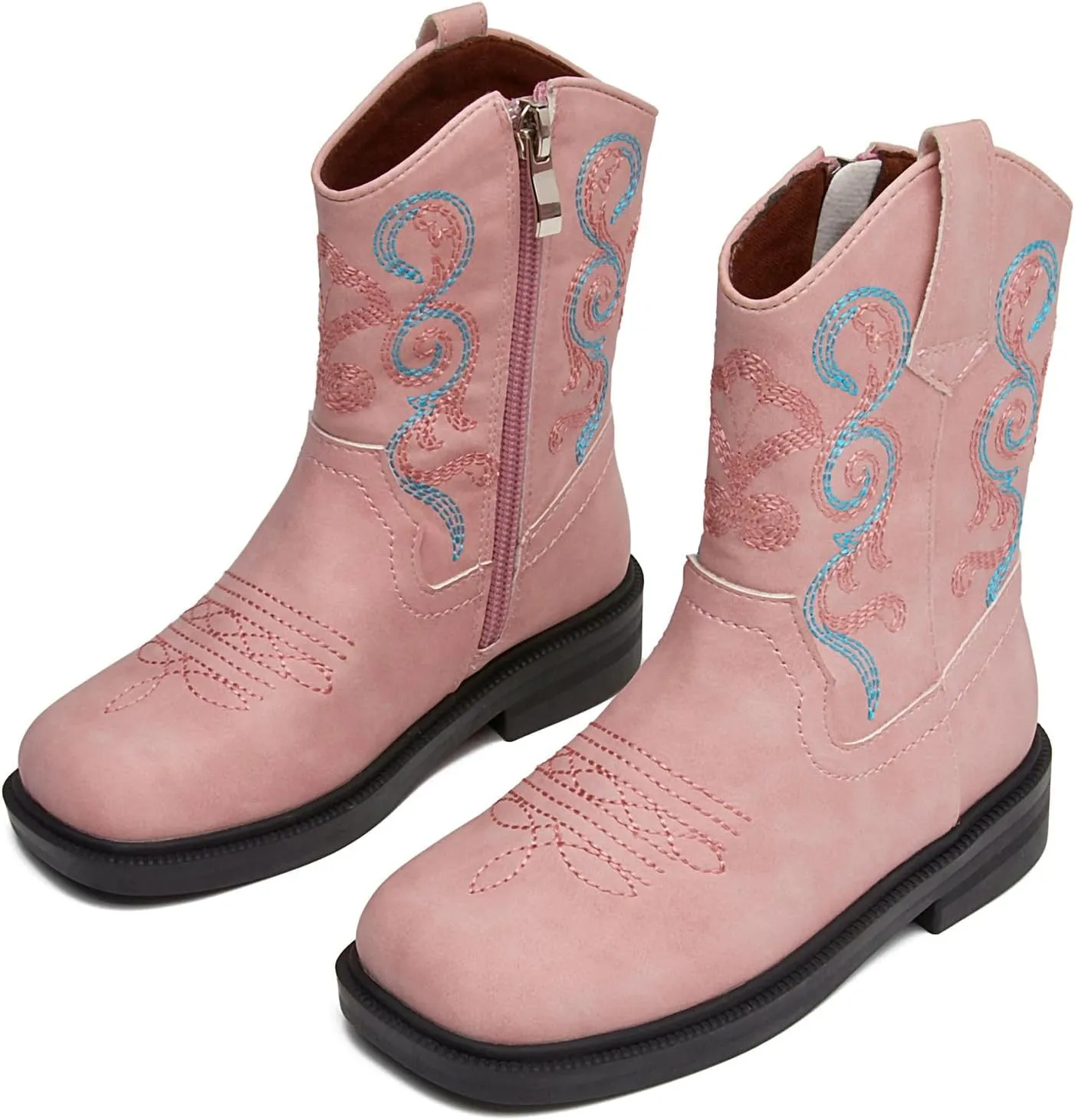 DADAWEN Toddler Little Boys Girls Cowboy Boots Kids Embroidered Western Cowgirl Boots Square Toe Mid Calf Riding Shoes