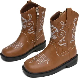 DADAWEN Toddler Little Boys Girls Cowboy Boots Kids Embroidered Western Cowgirl Boots Square Toe Mid Calf Riding Shoes