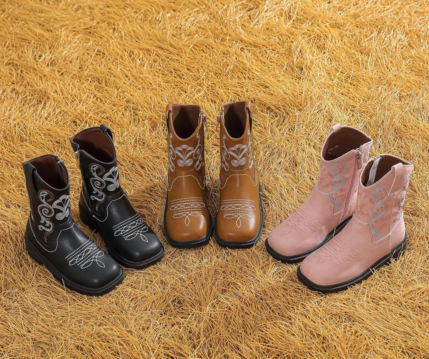 DADAWEN Toddler Little Boys Girls Cowboy Boots Kids Embroidered Western Cowgirl Boots Square Toe Mid Calf Riding Shoes