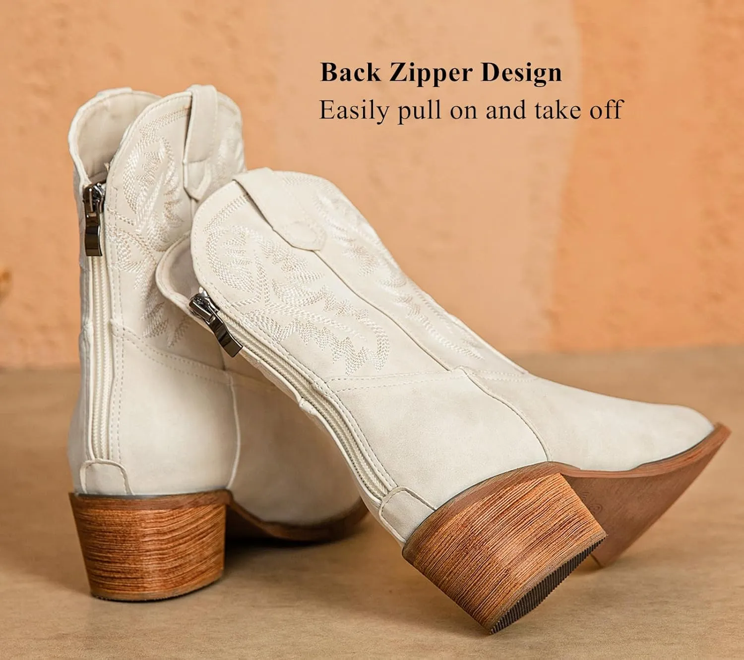 DADAWEN Western Boots For Women Embroidered Pointed Toe Cowgirl Boots Chunky Heel Cowboy Boots Pull On Outdoor Mid Calf Booties