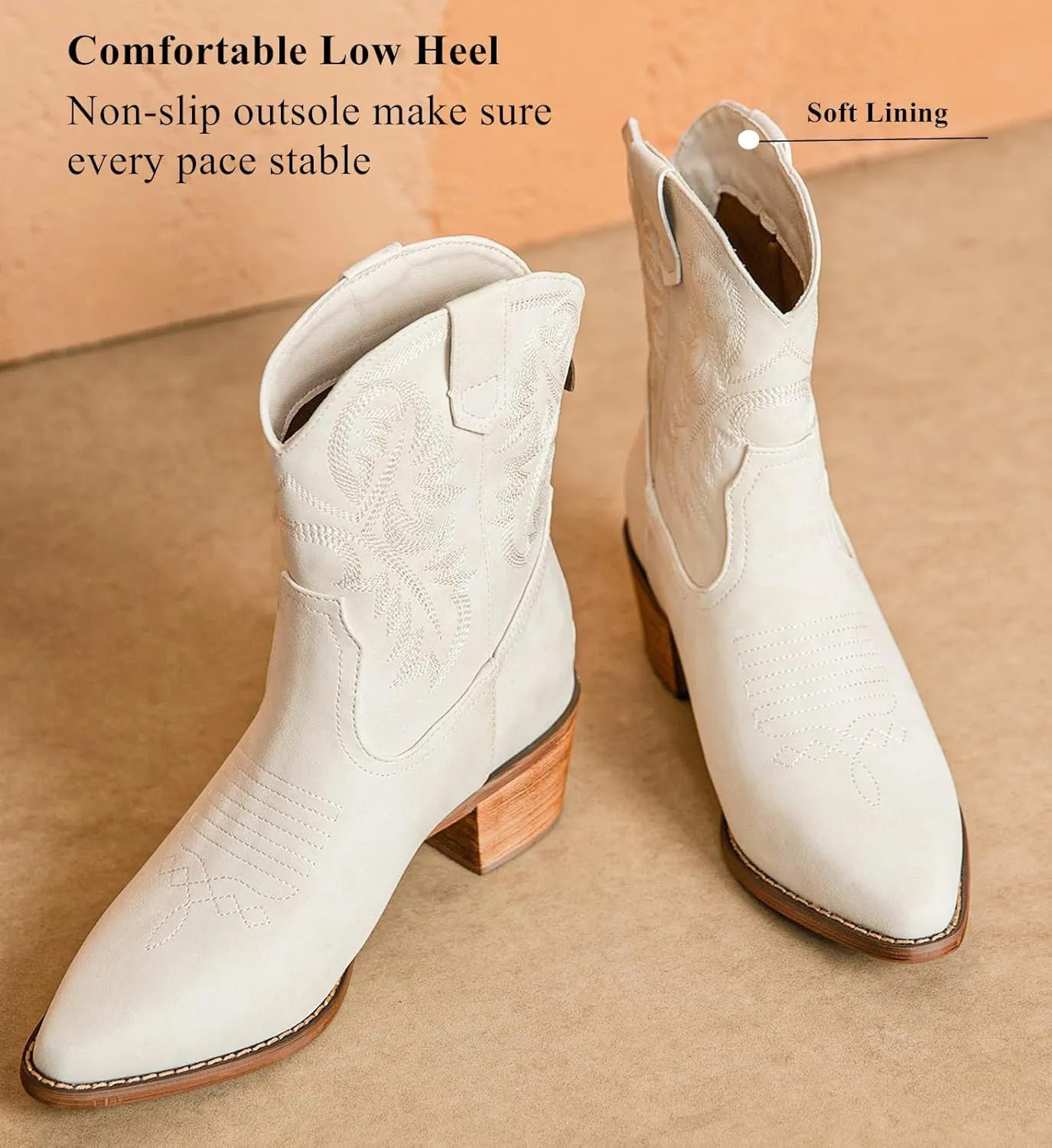 DADAWEN Western Boots For Women Embroidered Pointed Toe Cowgirl Boots Chunky Heel Cowboy Boots Pull On Outdoor Mid Calf Booties