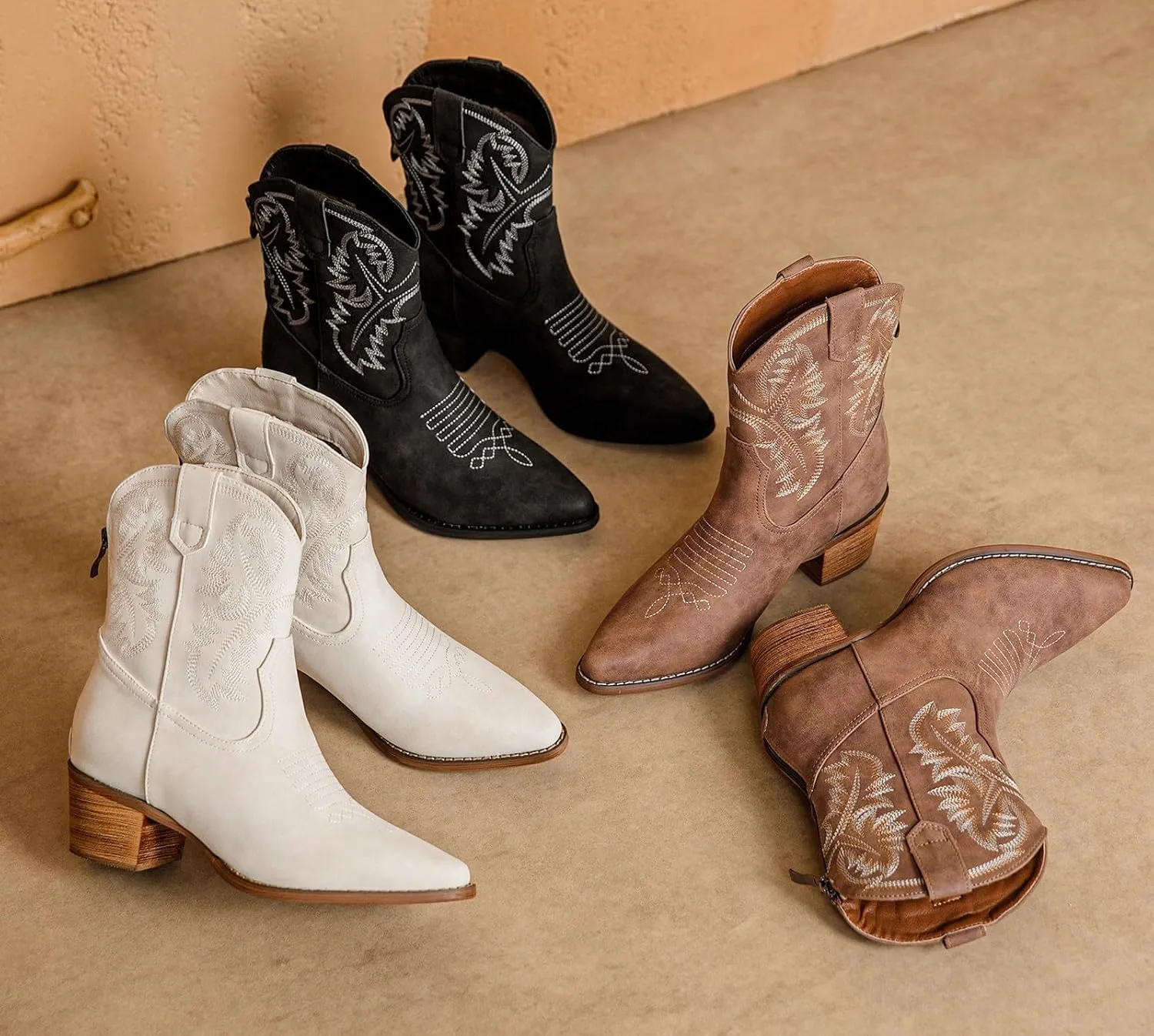 DADAWEN Western Boots For Women Embroidered Pointed Toe Cowgirl Boots Chunky Heel Cowboy Boots Pull On Outdoor Mid Calf Booties