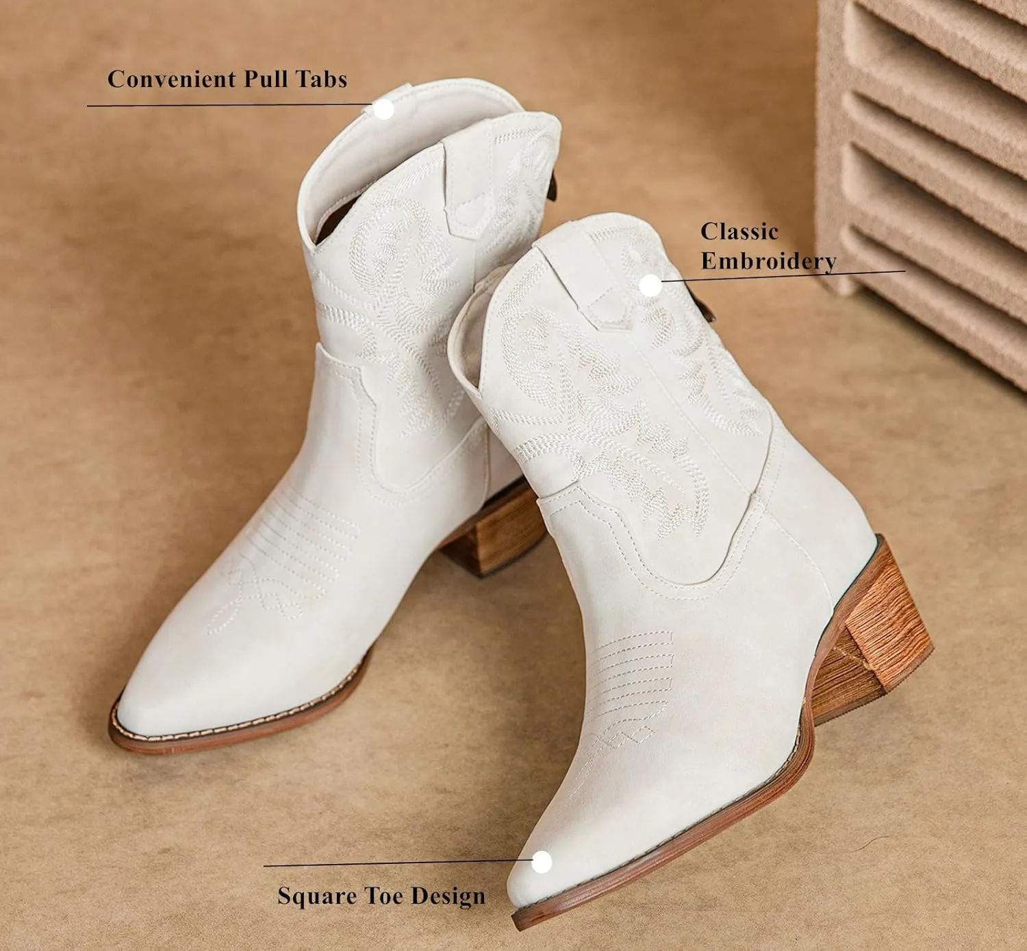 DADAWEN Western Boots For Women Embroidered Pointed Toe Cowgirl Boots Chunky Heel Cowboy Boots Pull On Outdoor Mid Calf Booties