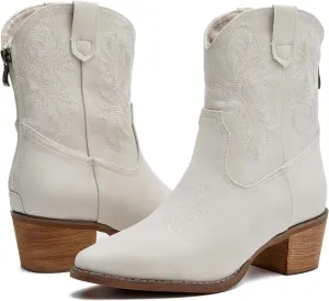 DADAWEN Western Boots For Women Embroidered Pointed Toe Cowgirl Boots Chunky Heel Cowboy Boots Pull On Outdoor Mid Calf Booties