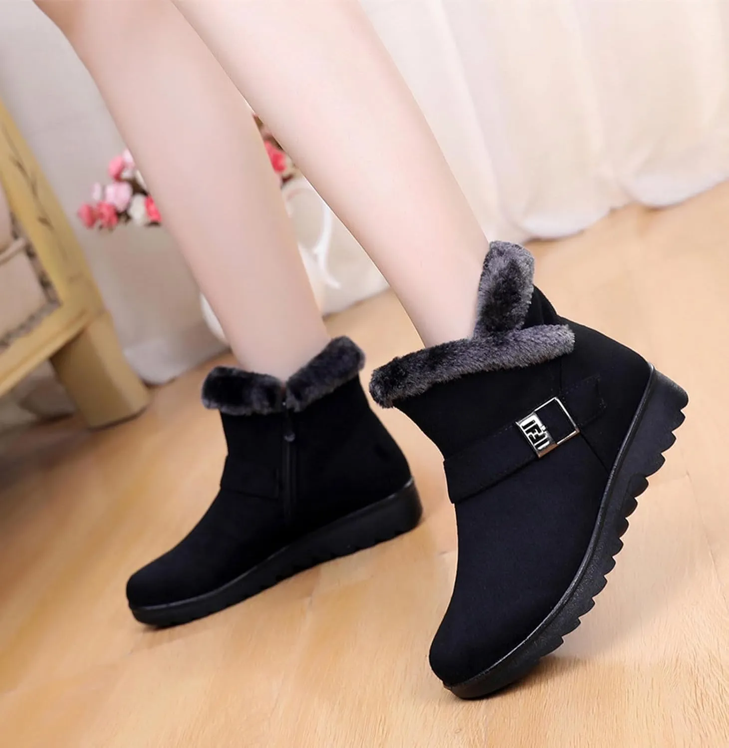DADAWEN Women's Winter Warm Fur Lined Snow Boots Side Zipper Ankle Boots Outdoor Booties Comfortable Boots for Women