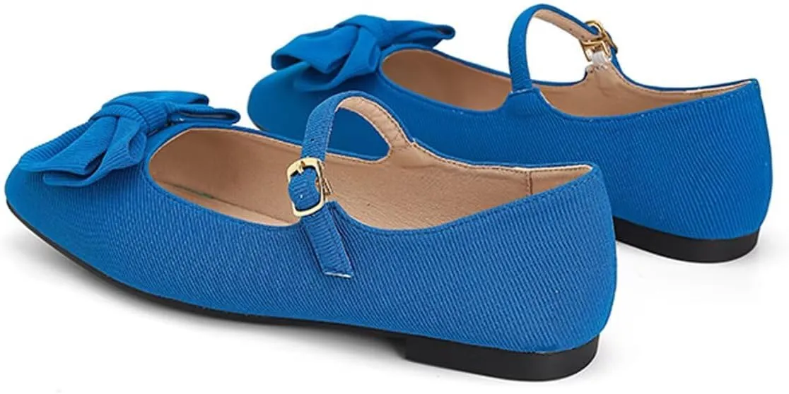 Dear Time Women's Bowknot Mary Jane Flats Dressy Ballet Flats Square Toe Shoes with Ankle Strap