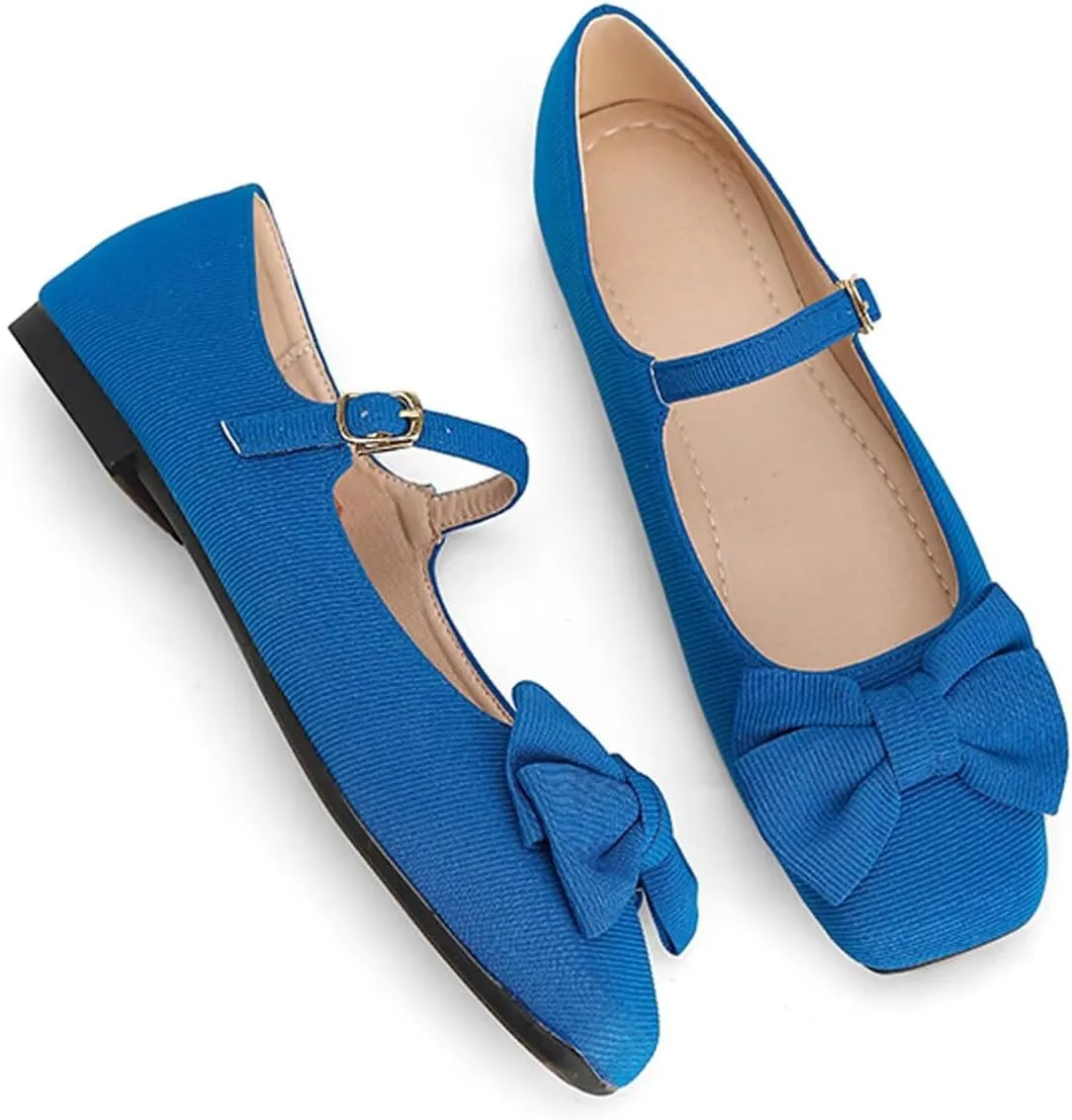 Dear Time Women's Bowknot Mary Jane Flats Dressy Ballet Flats Square Toe Shoes with Ankle Strap