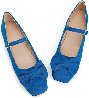 Dear Time Women's Bowknot Mary Jane Flats Dressy Ballet Flats Square Toe Shoes with Ankle Strap