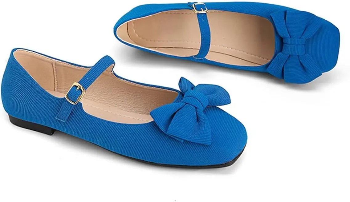 Dear Time Women's Bowknot Mary Jane Flats Dressy Ballet Flats Square Toe Shoes with Ankle Strap