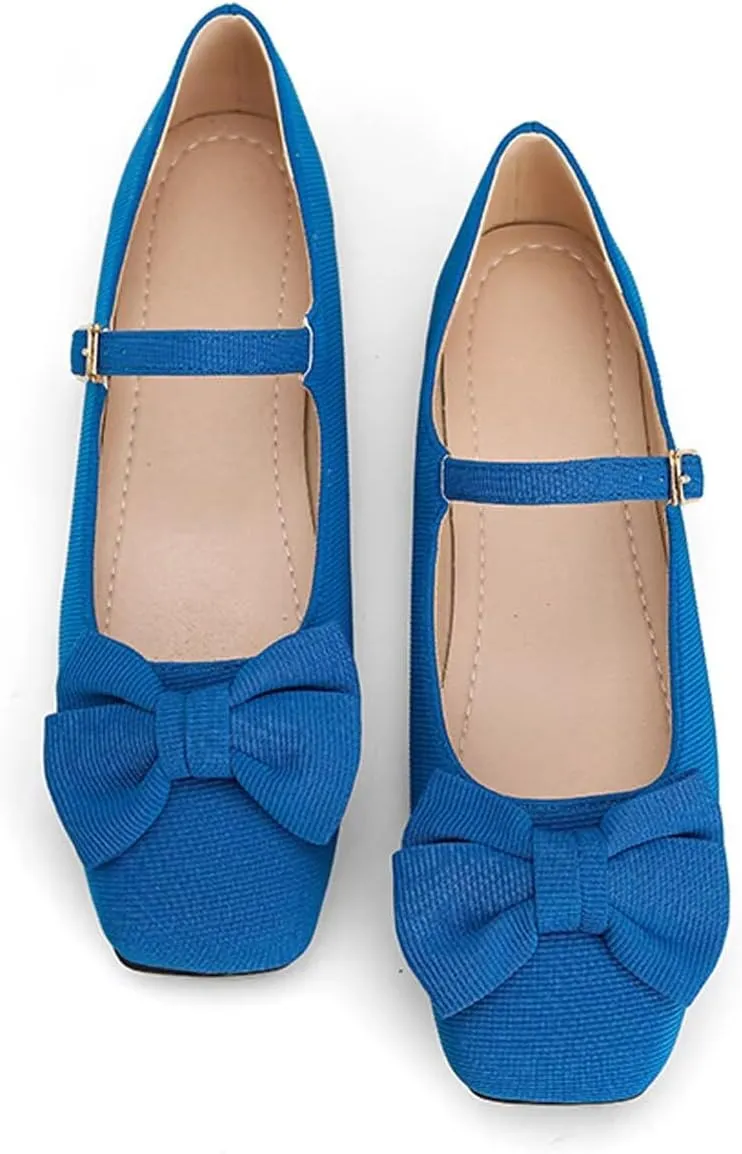 Dear Time Women's Bowknot Mary Jane Flats Dressy Ballet Flats Square Toe Shoes with Ankle Strap