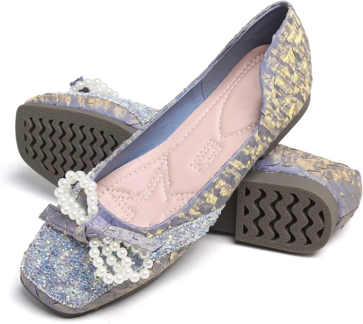 Dear Time Women's Pearl Bow Flats Rhinestones Wedding Ballet Flats Elegant Dressy Sparkly Shoes