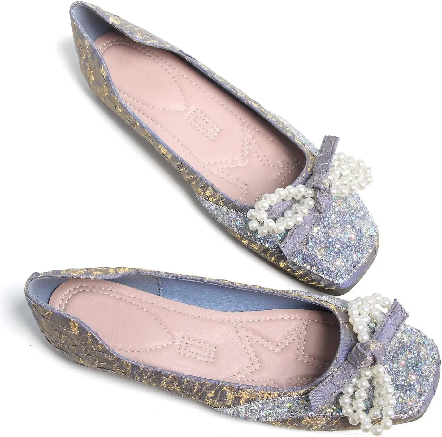 Dear Time Women's Pearl Bow Flats Rhinestones Wedding Ballet Flats Elegant Dressy Sparkly Shoes