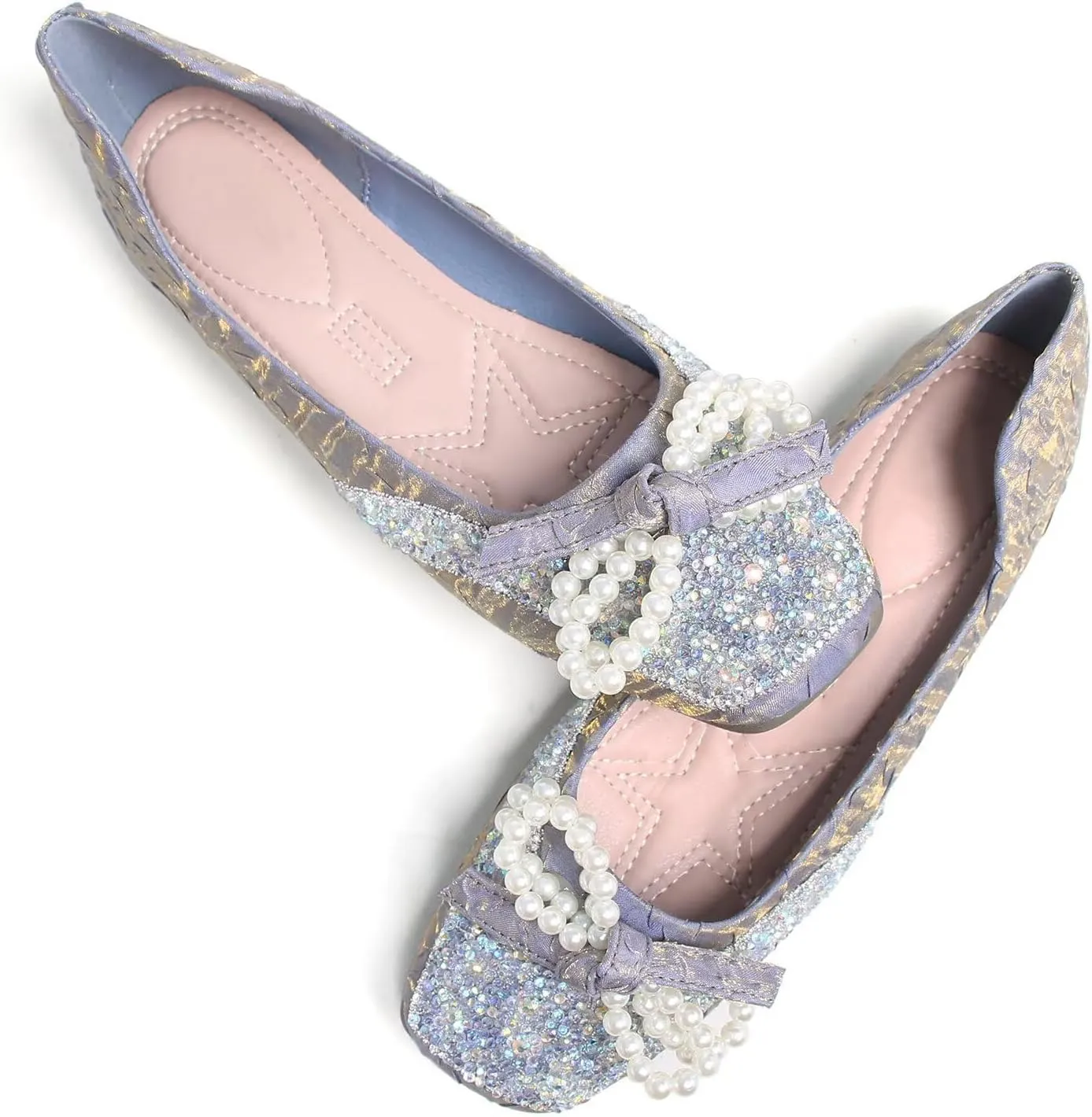 Dear Time Women's Pearl Bow Flats Rhinestones Wedding Ballet Flats Elegant Dressy Sparkly Shoes