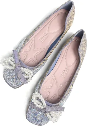 Dear Time Women's Pearl Bow Flats Rhinestones Wedding Ballet Flats Elegant Dressy Sparkly Shoes