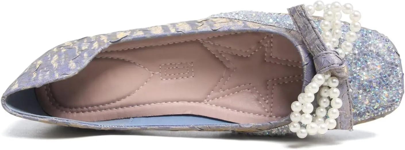 Dear Time Women's Pearl Bow Flats Rhinestones Wedding Ballet Flats Elegant Dressy Sparkly Shoes