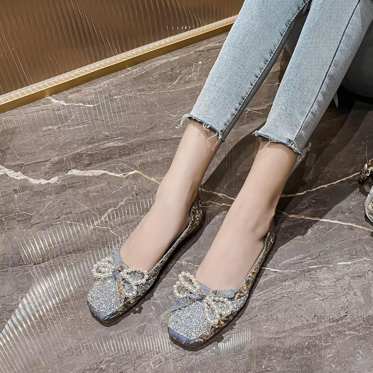 Dear Time Women's Pearl Bow Flats Rhinestones Wedding Ballet Flats Elegant Dressy Sparkly Shoes