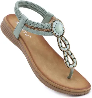 DKCHENH Womens Sandals Shoes Comfort Walking for Summer: Non Slip Casual Beach Shoes, Adorned with Ankle Elastic and Stunning Jeweled Bohemian Flats