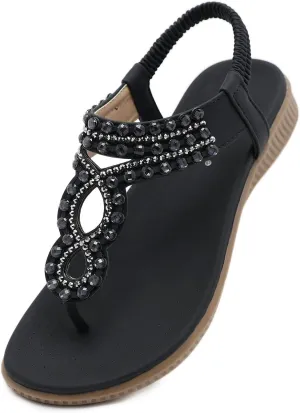 DKCHENH Womens Sandals Shoes Comfort Walking for Summer: Non Slip Casual Beach Shoes, Adorned with Ankle Elastic and Stunning Jeweled Bohemian Flats