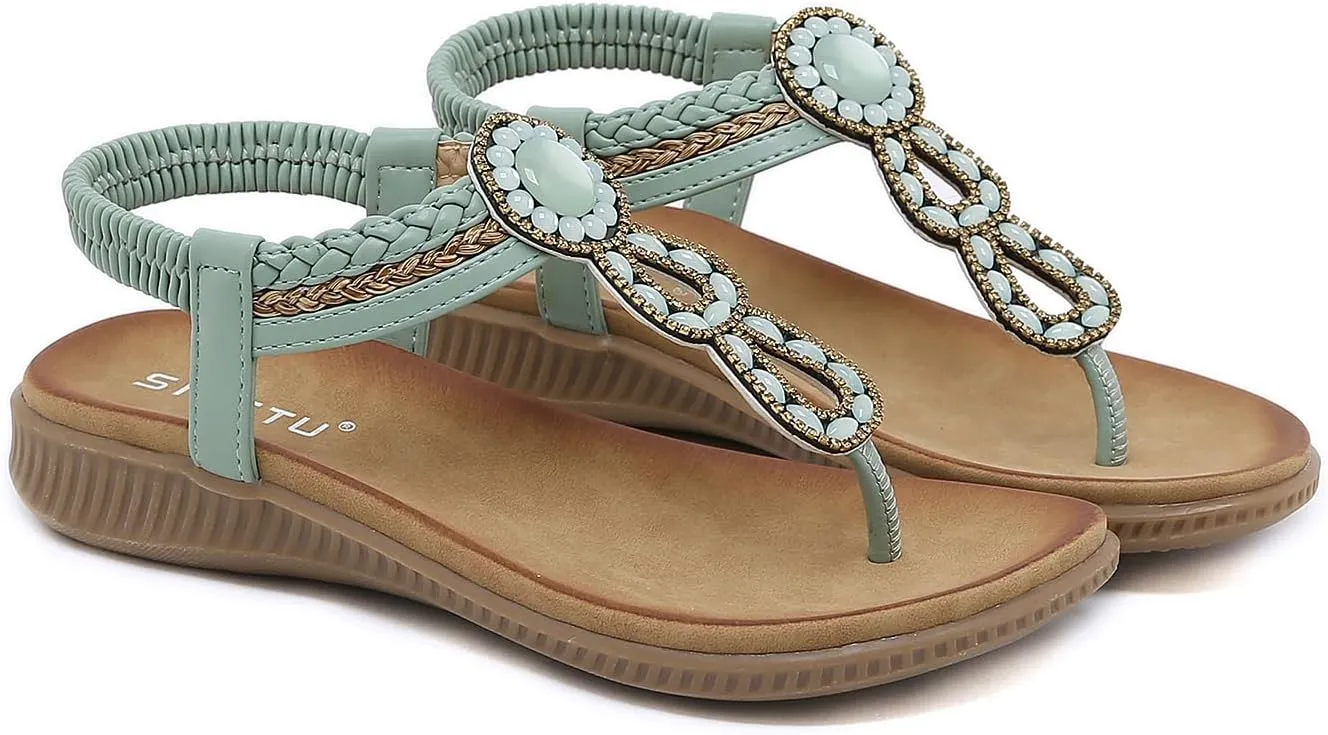 DKCHENH Womens Sandals Shoes Comfort Walking for Summer: Non Slip Casual Beach Shoes, Adorned with Ankle Elastic and Stunning Jeweled Bohemian Flats