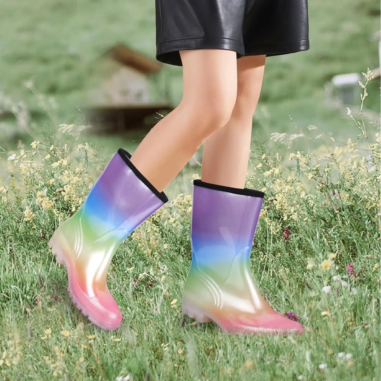 DKSUKO Waterproof Womens Rain Boots insulated,Lightweight Rubber fashion Boots in Gardening,Warm and Comfortable Wide Calf Rain Boots with Glossy in Outdoor