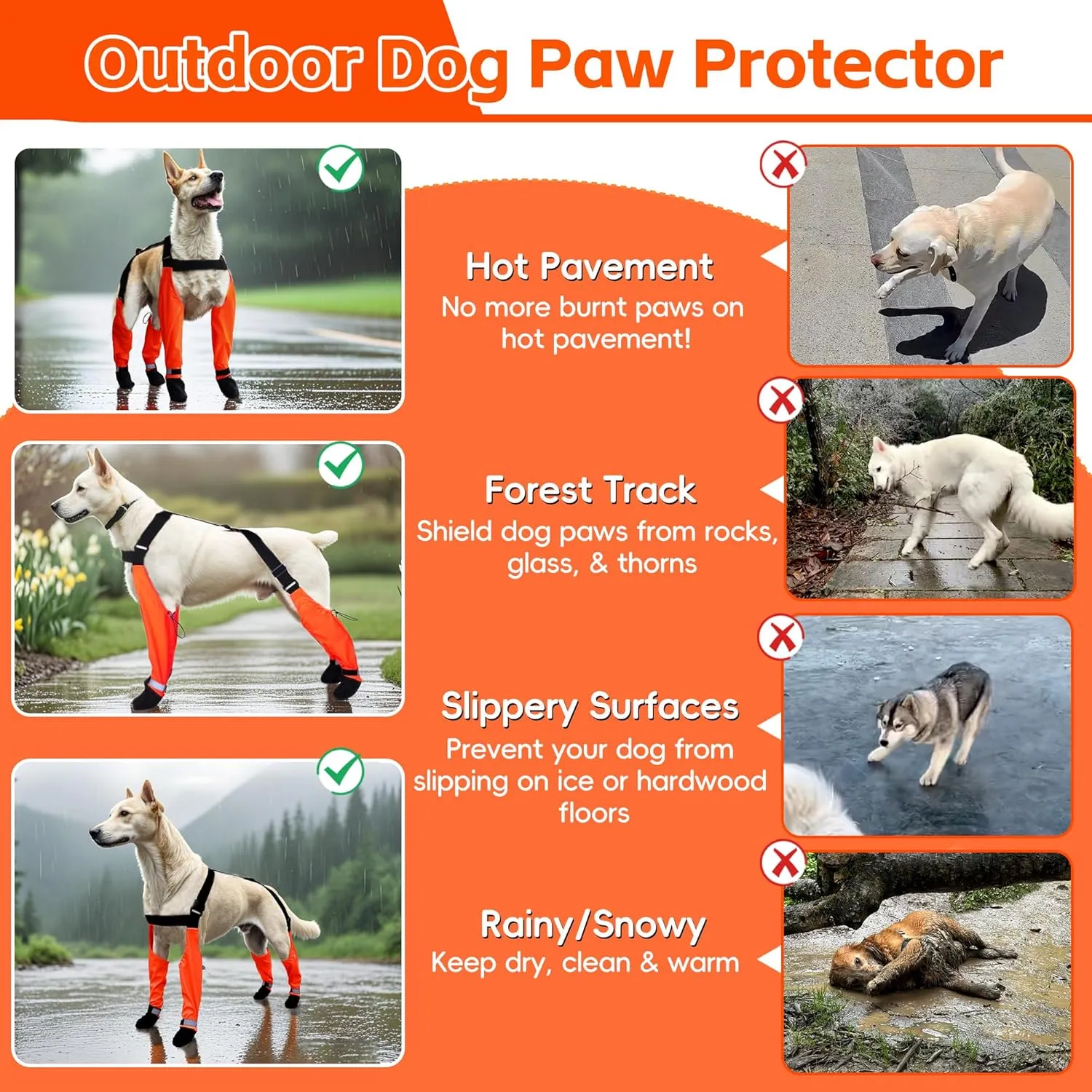 Dog Suspender Boots, Waterproof Tall Dog Rain Boots, Anti-Dirt Pet Legging Boots Paw Protector 4-Legged Shoes, Adjustable Snow Pants with Boot for Medium Large Dogs Outdoor Walking Hiking(Orange,XL)