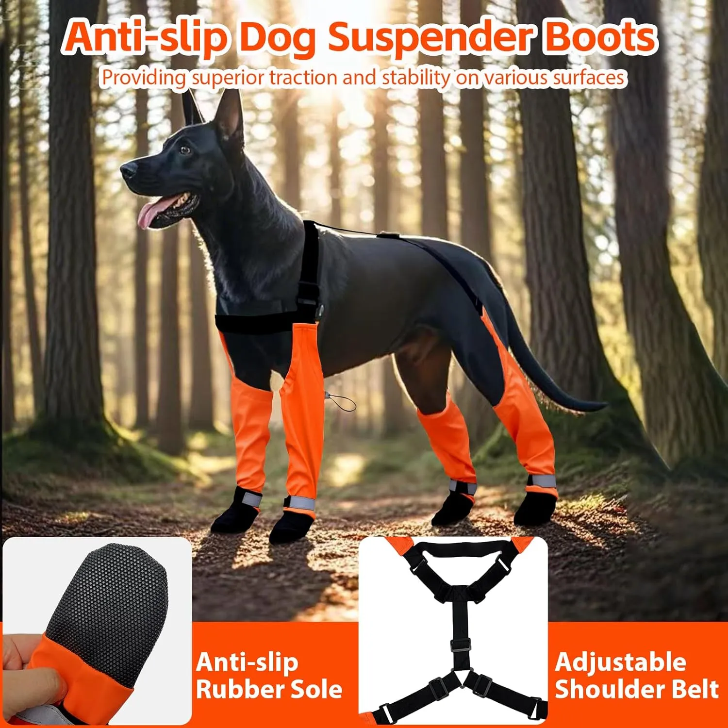 Dog Suspender Boots, Waterproof Tall Dog Rain Boots, Anti-Dirt Pet Legging Boots Paw Protector 4-Legged Shoes, Adjustable Snow Pants with Boot for Medium Large Dogs Outdoor Walking Hiking(Orange,XL)