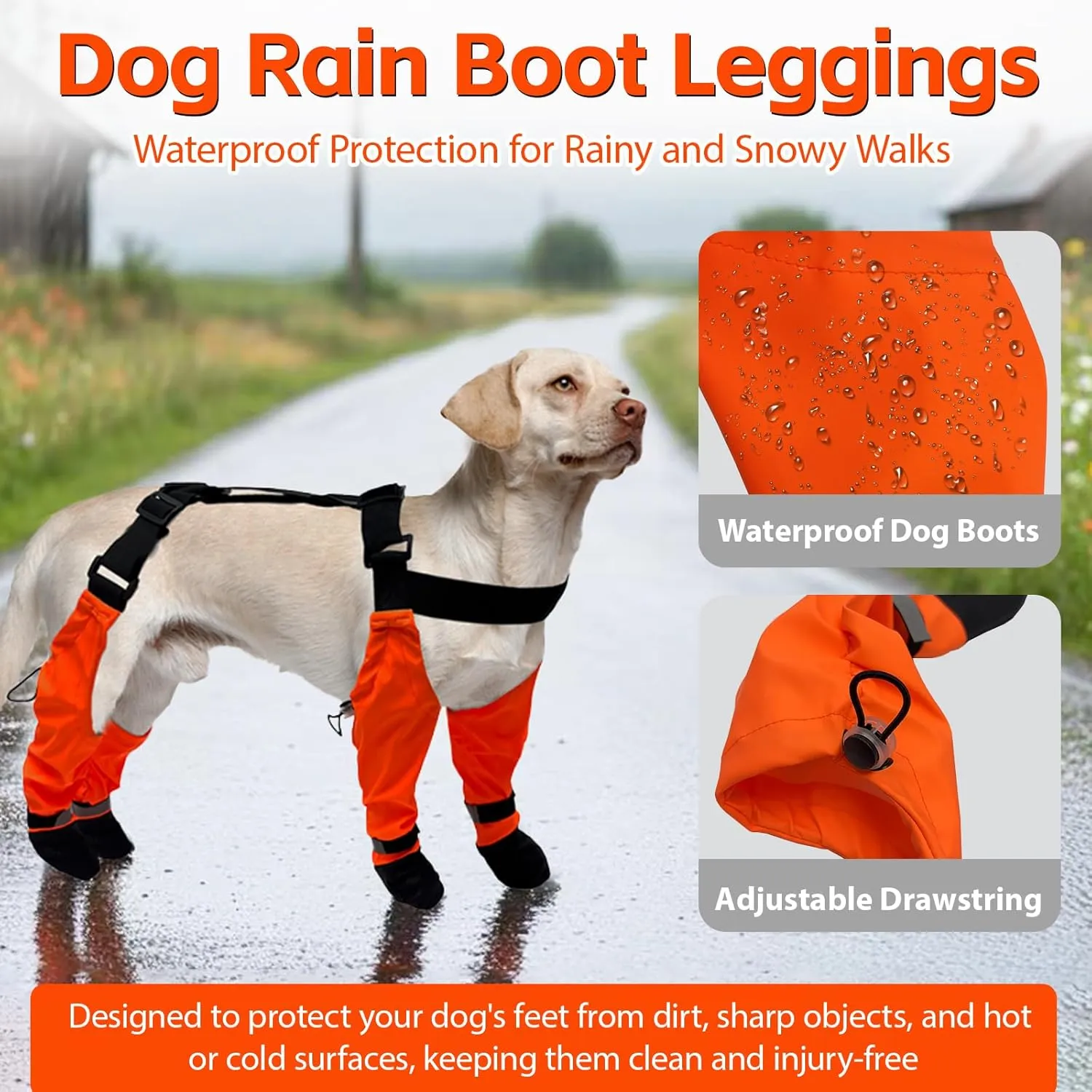 Dog Suspender Boots, Waterproof Tall Dog Rain Boots, Anti-Dirt Pet Legging Boots Paw Protector 4-Legged Shoes, Adjustable Snow Pants with Boot for Medium Large Dogs Outdoor Walking Hiking(Orange,XL)