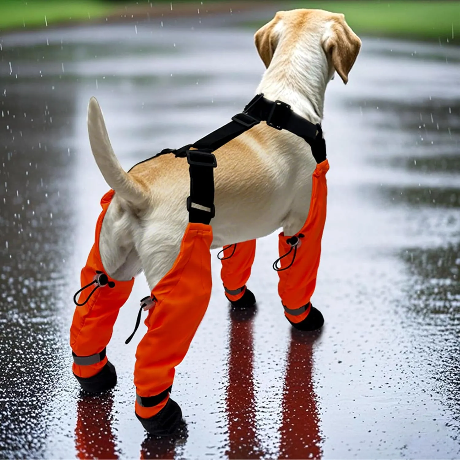 Dog Suspender Boots, Waterproof Tall Dog Rain Boots, Anti-Dirt Pet Legging Boots Paw Protector 4-Legged Shoes, Adjustable Snow Pants with Boot for Medium Large Dogs Outdoor Walking Hiking(Orange,XL)