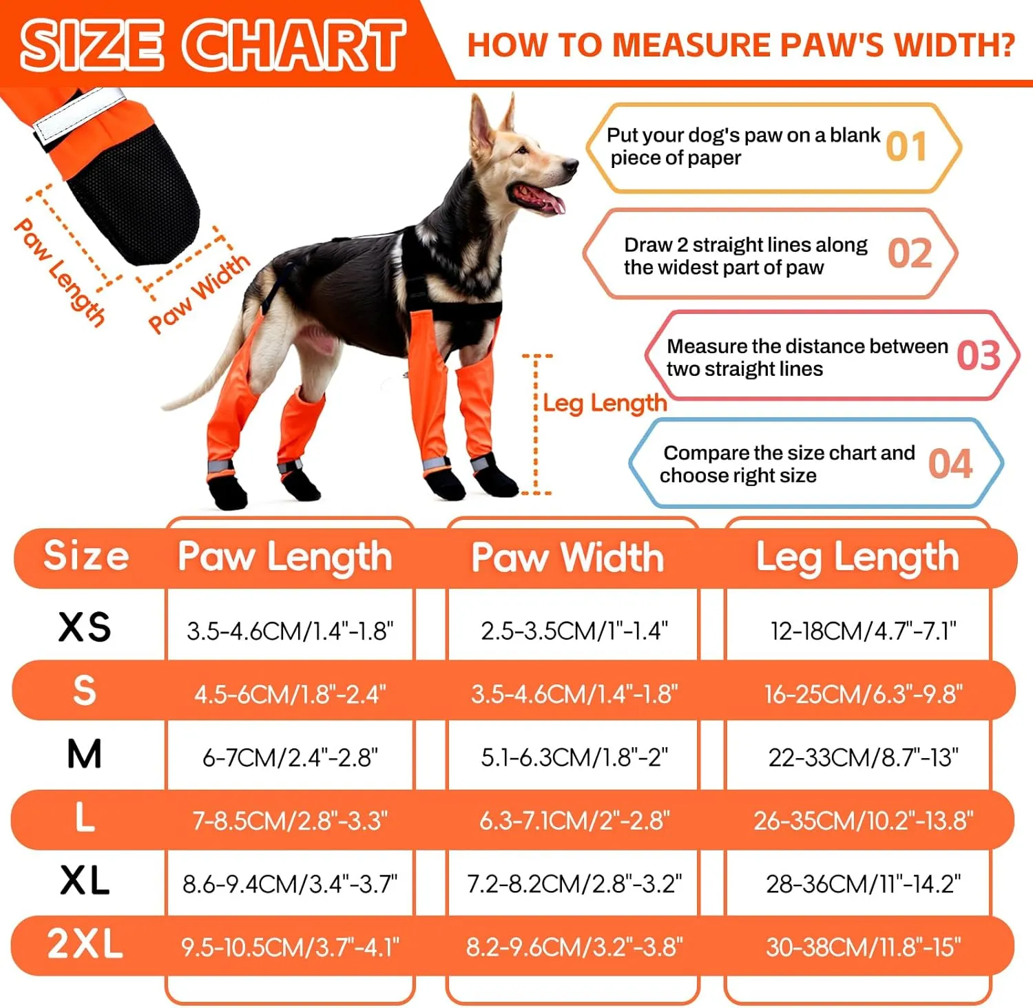 Dog Suspender Boots, Waterproof Tall Dog Rain Boots, Anti-Dirt Pet Legging Boots Paw Protector 4-Legged Shoes, Adjustable Snow Pants with Boot for Medium Large Dogs Outdoor Walking Hiking(Orange,XL)