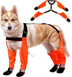 Dog Suspender Boots, Waterproof Tall Dog Rain Boots, Anti-Dirt Pet Legging Boots Paw Protector 4-Legged Shoes, Adjustable Snow Pants with Boot for Medium Large Dogs Outdoor Walking Hiking(Orange,XL)
