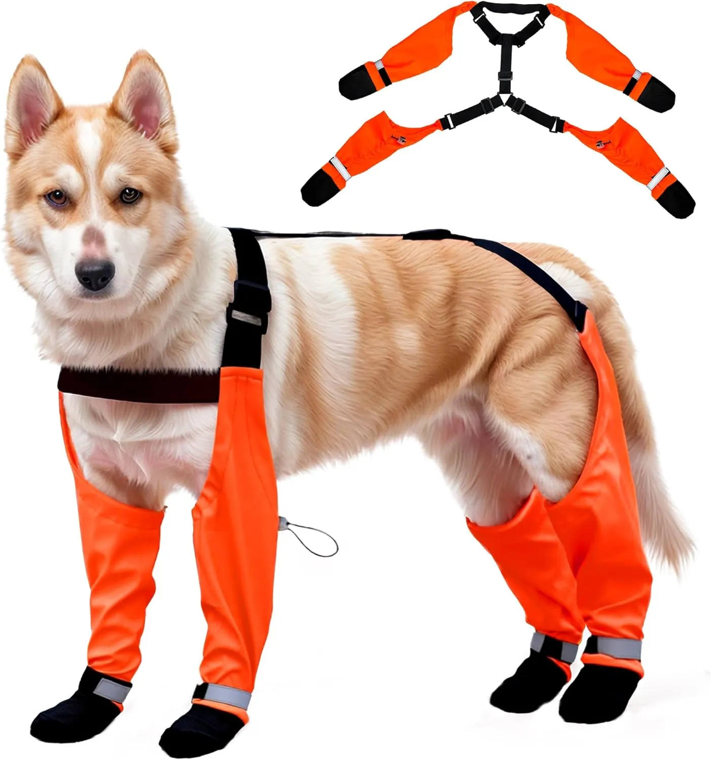 Dog Suspender Boots, Waterproof Tall Dog Rain Boots, Anti-Dirt Pet Legging Boots Paw Protector 4-Legged Shoes, Adjustable Snow Pants with Boot for Medium Large Dogs Outdoor Walking Hiking(Orange,XL)