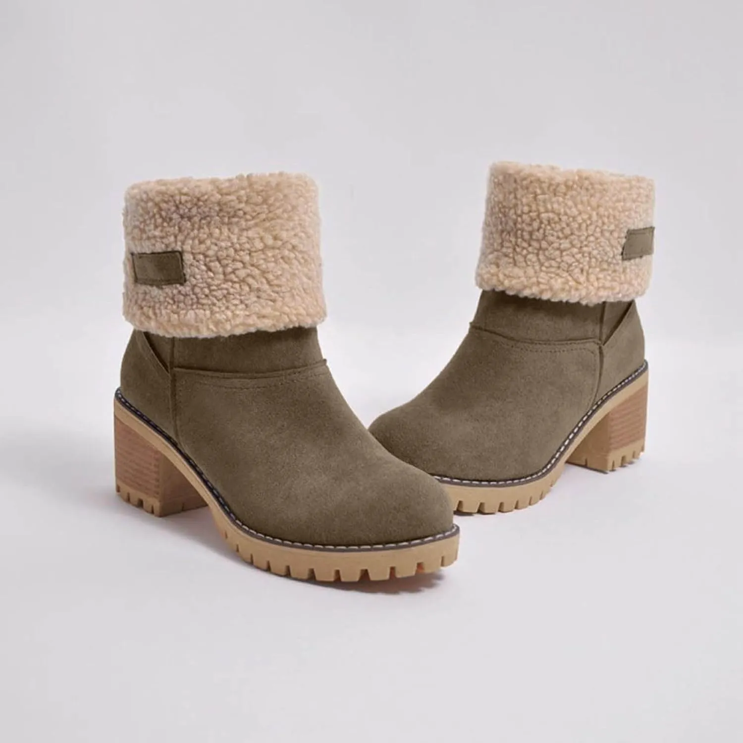 Dotmalls Boots Dotmalls Seniors' Chunky Heel Winter Boots Sherpa Lined Boots Comfortable Slip On Mid Chunky Heel Suede Snow Boots Warm Ankle Boots