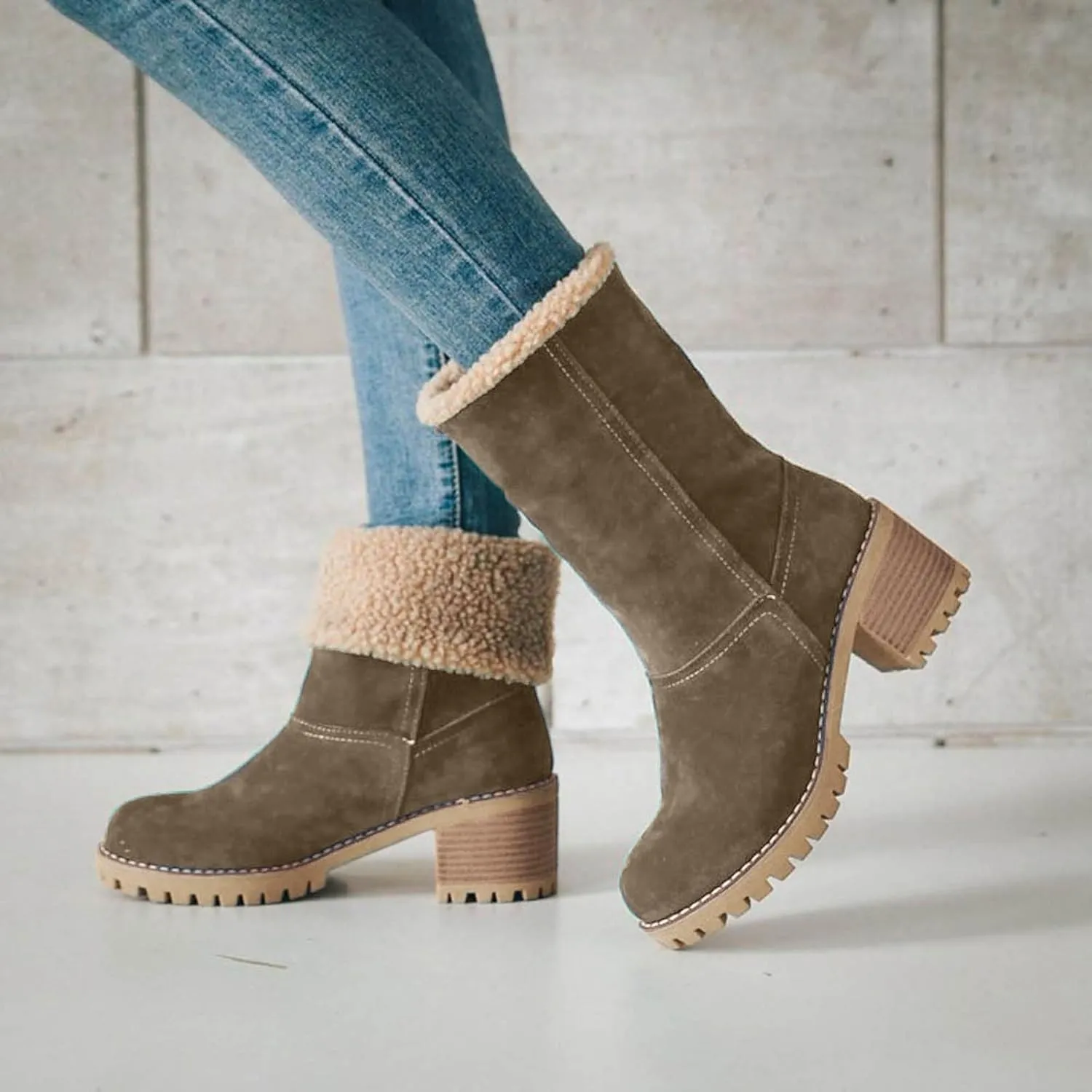 Dotmalls Boots Dotmalls Seniors' Chunky Heel Winter Boots Sherpa Lined Boots Comfortable Slip On Mid Chunky Heel Suede Snow Boots Warm Ankle Boots