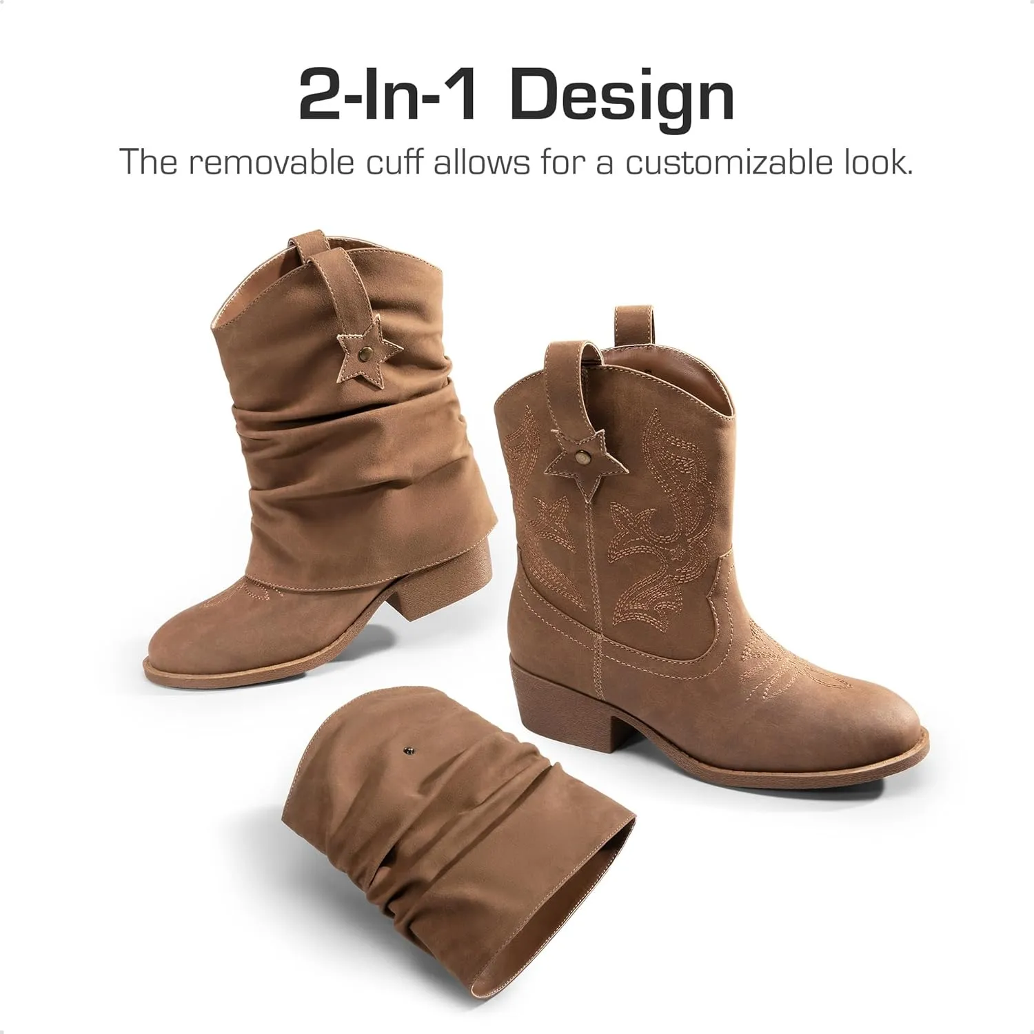 DREAM PAIRS Girls Cowboy Cowgirl Boots 2-in-1 Western Removable Cuff Fold Over Embroidered Fashion Mid Calf Shoes