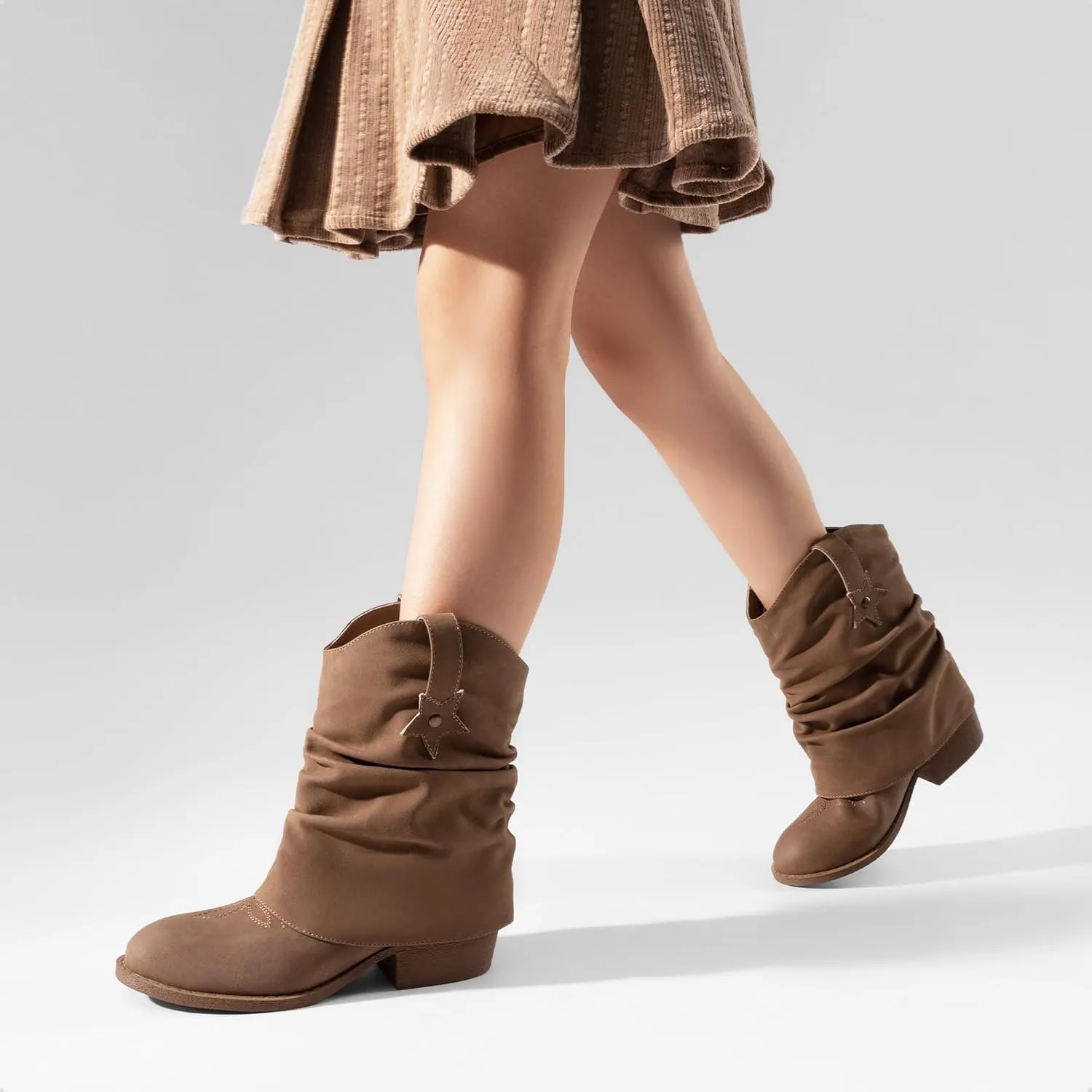 DREAM PAIRS Girls Cowboy Cowgirl Boots 2-in-1 Western Removable Cuff Fold Over Embroidered Fashion Mid Calf Shoes