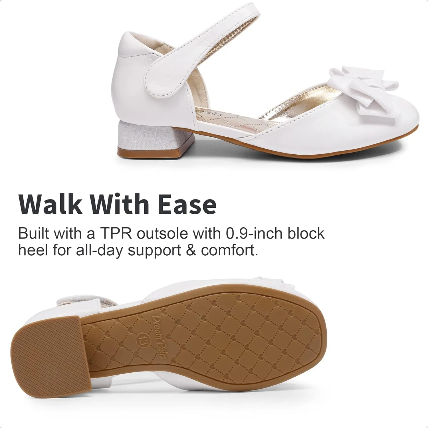 DREAM PAIRS Girls Dress Shoes Closed Toe Low Heels Ankle Strap Bow Ballet Wedding Party Sandals Princess Flower Shoes