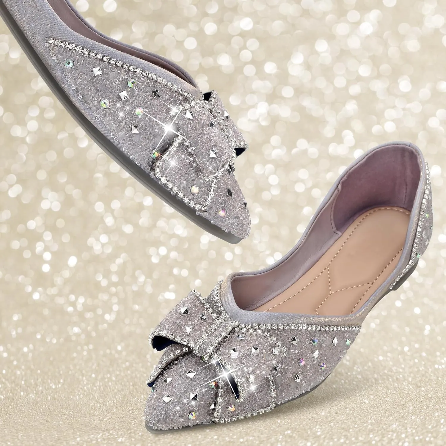 Dressy Flats Shoes for Women Comfortable Wedding Flats Rhinestone Fancy Ballet Flats Pointy Toe Flats